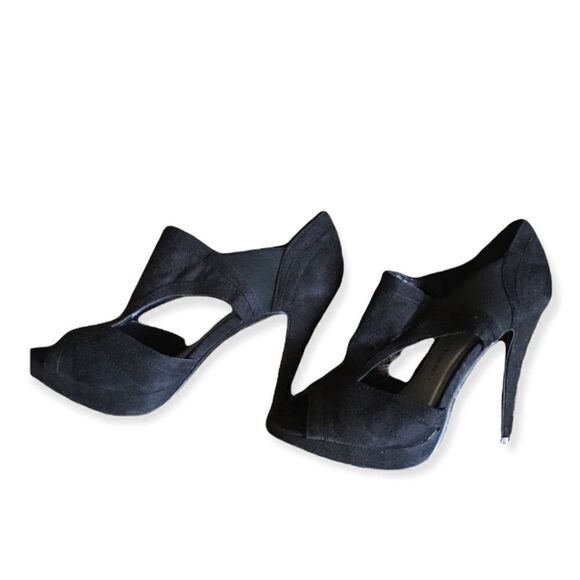 CHINESE LAUNDRY black fabric slip on suede stiletto peep toe heels Sz 7 - Picture 1 of 6